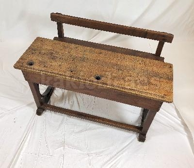 Pupitre/banc d'écolier double en bois avec arceaux metalliques
